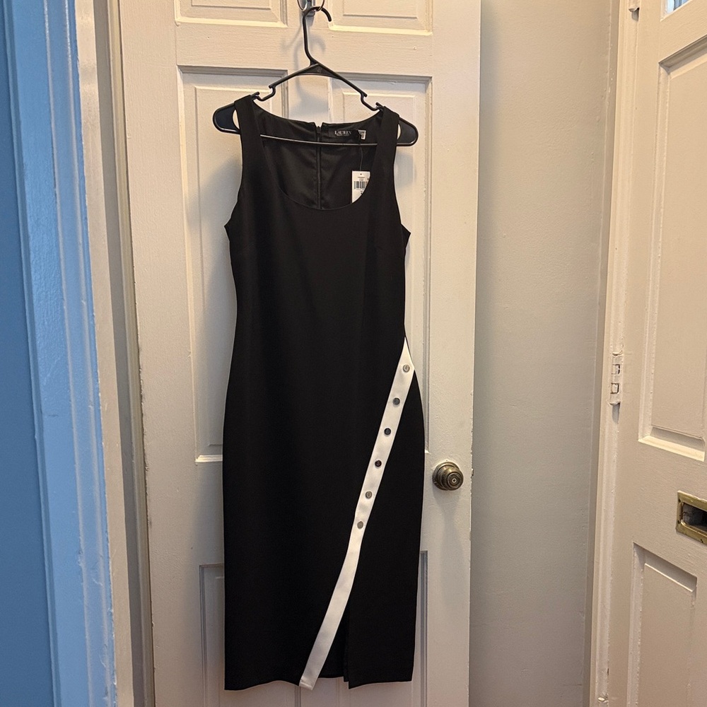 Ralph Lauren Black Sleeveless Midi Dress with White Diagonal Snap Trim